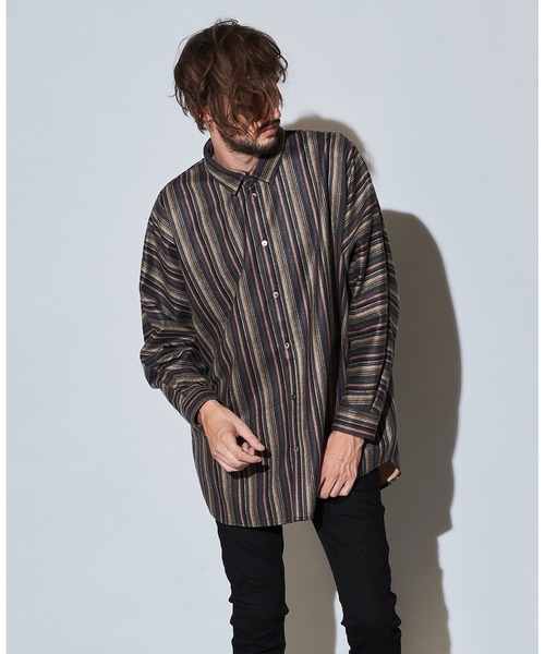 NO ID.(ノーアイディ)の「マルチストライプドルマンスリーブBIG-SH(シャツ/ブラウス・メンズ・ブラック/ベージュ/グリーン・ONE SIZE)」の14枚目の写真