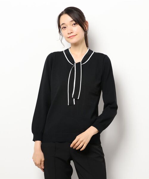 m.f.editorial(エムエフエディトリアル)の「エムエフエディトリアルレディース/m.f.editorial:Women ゴム編み 配色ボウタイ ニットプルオーバー(ニット/セーター・レディース・ブラック/ベージュ/グレー・MEDIUM/LARGE)」の6枚目の写真