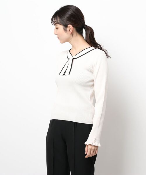 Allamanda(アラマンダ)の「パールボウタイニット(ニット/セーター・レディース・ホワイト×ブラック/ベージュ系2/ブラック×ホワイト・M)」の1枚目の写真