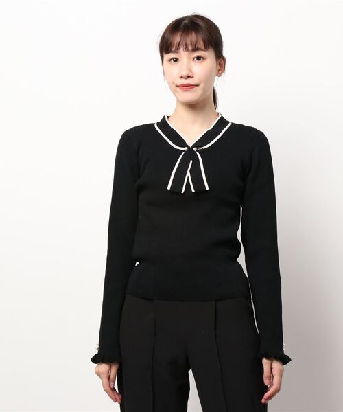 Allamanda(アラマンダ)の「パールボウタイニット(ニット/セーター・レディース・ホワイト×ブラック/ベージュ系2/ブラック×ホワイト・M)」の2枚目の写真