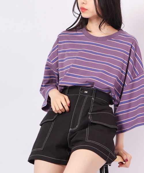 Revo.(レボ)の「Revo. レトロマルチボーダーコットンSS 半袖Tee(Tシャツ/カットソー・メンズ・ホワイト/ブルー/パープル・1/2)」の3枚目の写真