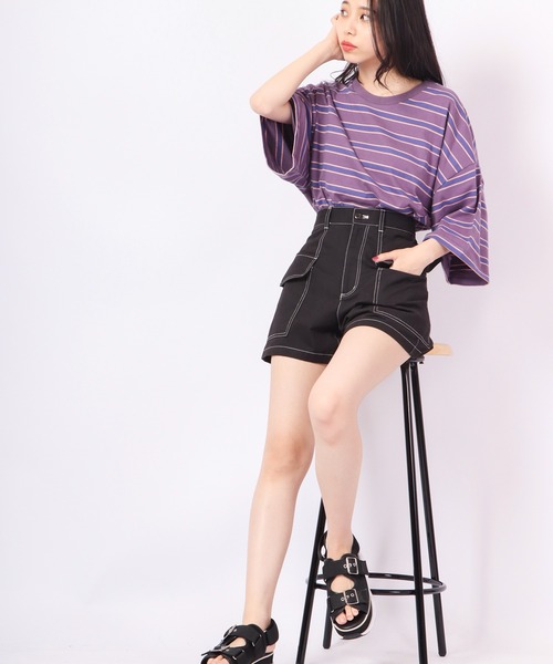 Revo.(レボ)の「Revo. レトロマルチボーダーコットンSS 半袖Tee(Tシャツ/カットソー・メンズ・ホワイト/ブルー/パープル・1/2)」の7枚目の写真
