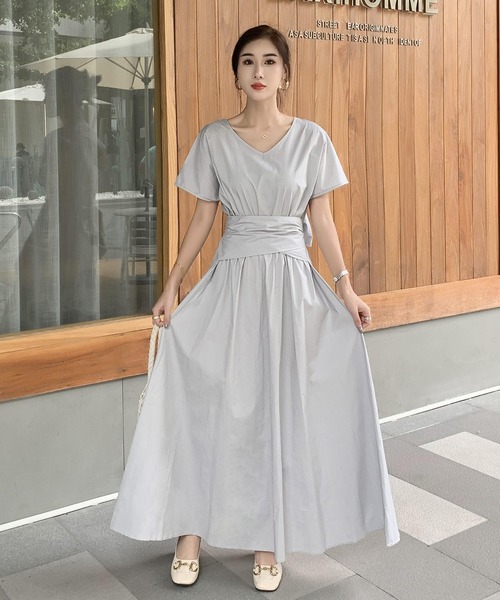 美品✨マックスアンドコー ウエストリボン ロングワンピース マキシ丈 3XL 後リボンウエストゴムシャーリングロング丈ワンピース＜大きいサイズ有