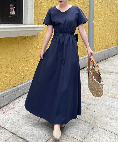 の*ん様 セオリーリュクス　ネイビー 膝下ワンピース 長袖 ウエストリボン付き セール】ウエストリボン2WAYマキシ丈ワンピース（ワンピース）｜FREE
