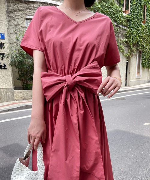 マルティニーク ワンピース ロング丈 総柄 ウエストリボン