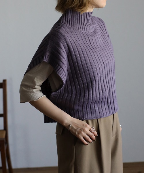 r.(アールドット)の「ワイドリブ編みハイネック ショート TOPS(ニット/セーター・レディース・ブラック/ベージュ/パープル/ライトグリーン/アイボリー/ライトベージュ・FREE)」の1枚目の写真