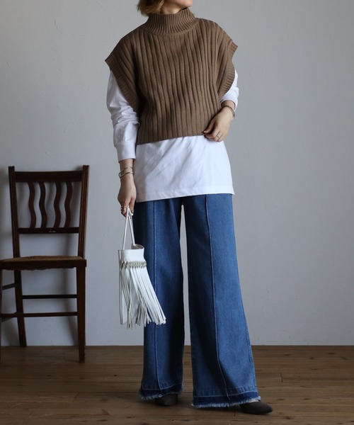 r.(アールドット)の「ワイドリブ編みハイネック ショート TOPS(ニット/セーター・レディース・ブラック/ベージュ/パープル/ライトグリーン/アイボリー/ライトベージュ・FREE)」の7枚目の写真