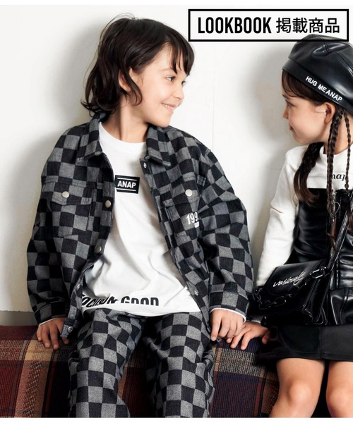 ANAP kids(アナップキッズ)の「チェッカーデニムGジャン【セットアップ着用可】(デニムジャケット・キッズ・ブルー/ブラック・130cm/120cm/110cm)」の2枚目の写真