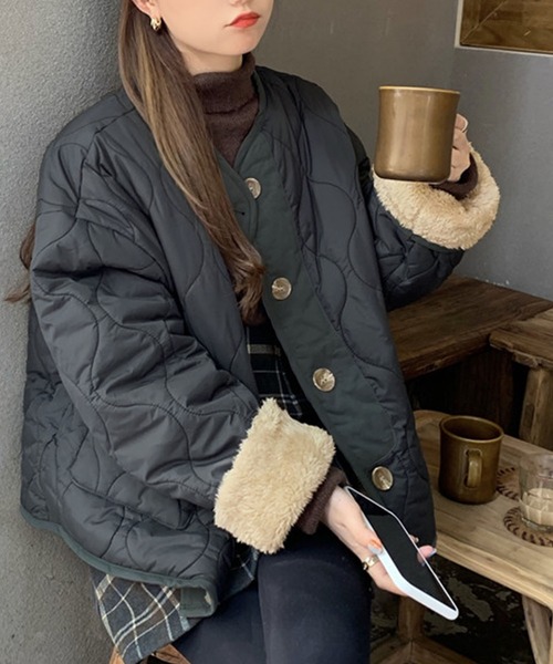 リバーシブルキルティング×ボアノーカラーコート