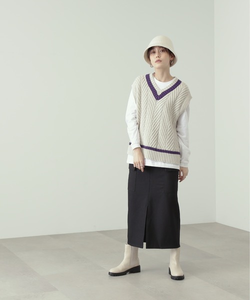 N.（N. Natural Beauty Basic）（エヌエヌナチュラルビューティーベーシック）の「◆フロントスリットカーゴスカート（スカート・レディース・グリーン/オフホワイト/ブラック・MEDIUM）」の8枚目の写真