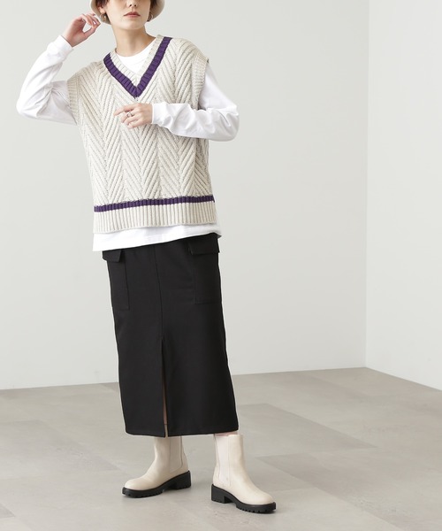 N.（N. Natural Beauty Basic）（エヌエヌナチュラルビューティーベーシック）の「◆フロントスリットカーゴスカート（スカート・レディース・グリーン/オフホワイト/ブラック・MEDIUM）」の7枚目の写真