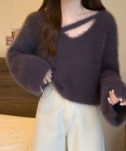 me+em select（ミームセレクト）の「【 7color 】カットアウトショートシャギーニット（ニット/セーター・レディース・ダークグレー/ベージュ/パープル/ホワイト/グレー/ブラック/ダークブルー・FREE）」の10枚目の写真