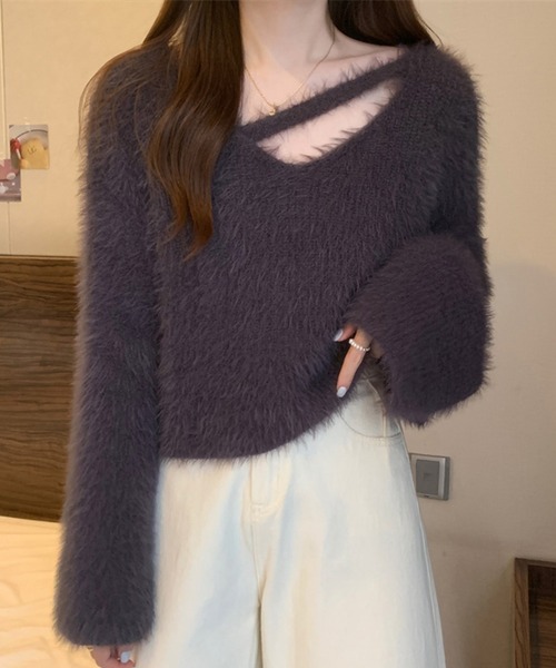 me+em select（ミームセレクト）の「【 7color 】カットアウトショートシャギーニット（ニット/セーター・レディース・ダークグレー/ベージュ/パープル/ホワイト/グレー/ブラック/ダークブルー・FREE）」の9枚目の写真