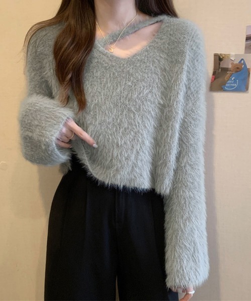 me+em select（ミームセレクト）の「【 7color 】カットアウトショートシャギーニット（ニット/セーター・レディース・ダークグレー/ベージュ/パープル/ホワイト/グレー/ブラック/ダークブルー・FREE）」の17枚目の写真