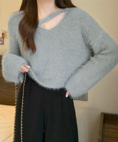 me+em select（ミームセレクト）の「【 7color 】カットアウトショートシャギーニット（ニット/セーター・レディース・ダークグレー/ベージュ/パープル/ホワイト/グレー/ブラック/ダークブルー・FREE）」の20枚目の写真