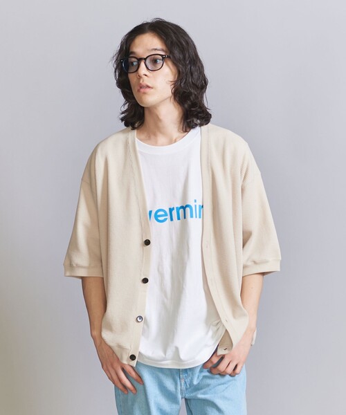 BEAUTY&YOUTH UNITED ARROWS（ビューティーアンドユースユナイテッドアローズ）の「【WEB限定】グリッド エアーワッフル ハーフスリーブ Vカーディガン（カーディガン/ボレロ・メンズ・ブラック/ベージュ/ホワイト/ピンク・M/L/S）」の5枚目の写真