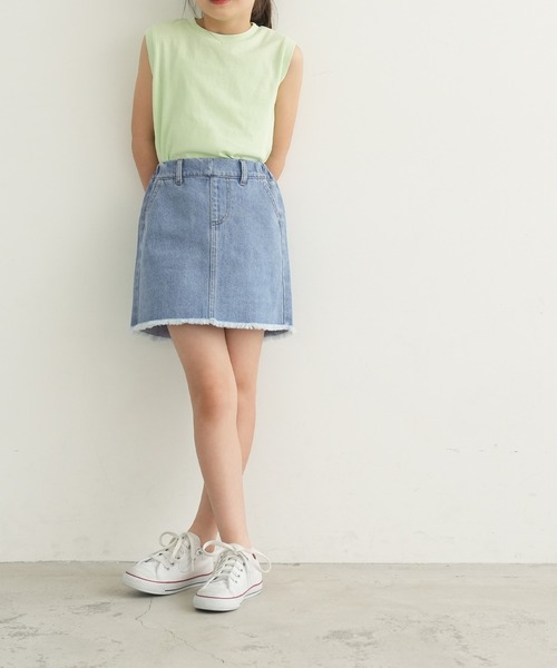 セール】キッズ デニム裾フリンジミニスカート（デニムスカート