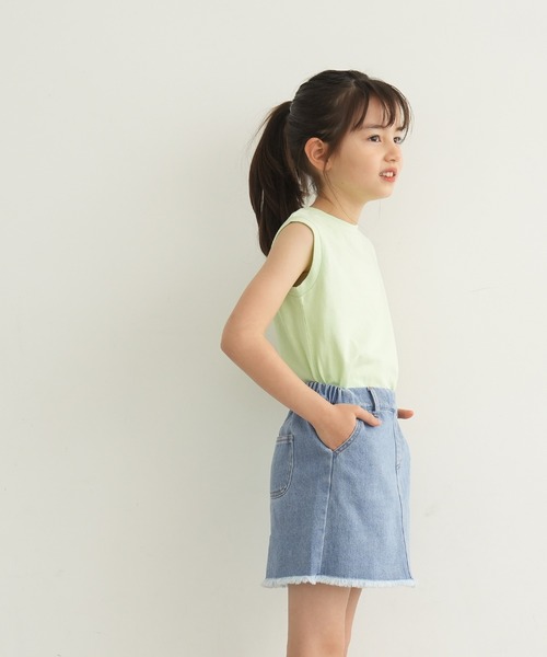 セール】キッズ デニム裾フリンジミニスカート（デニムスカート