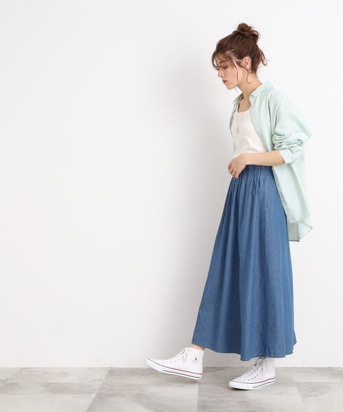 SHOO・LA・RUE（シューラルー）の「◆【ウエストゴムで楽ちん】デニムフレアスカート（デニムスカート・レディース・ネイビー/ブルー・00）」の3枚目の写真