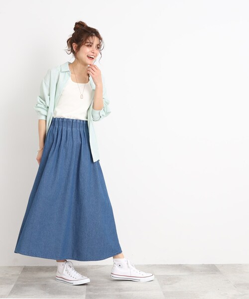 SHOO・LA・RUE（シューラルー）の「◆【ウエストゴムで楽ちん】デニムフレアスカート（デニムスカート・レディース・ネイビー/ブルー・00）」の5枚目の写真