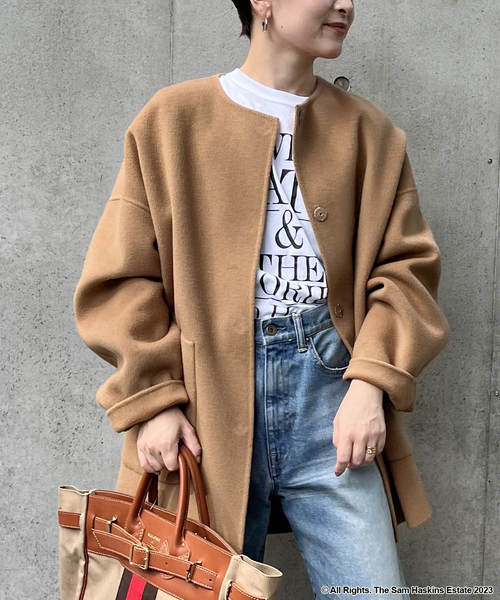 FRAMeWORK（フレームワーク）の「≪追加≫ハミルトンリバークルーネックコート（ノーカラーコート・レディース・ブラック/キャメル・36/38）」の2枚目の写真