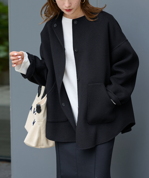 FRAMeWORK（フレームワーク）の「≪追加≫ハミルトンリバークルーネックコート（ノーカラーコート・レディース・ブラック/キャメル・36/38）」の10枚目の写真