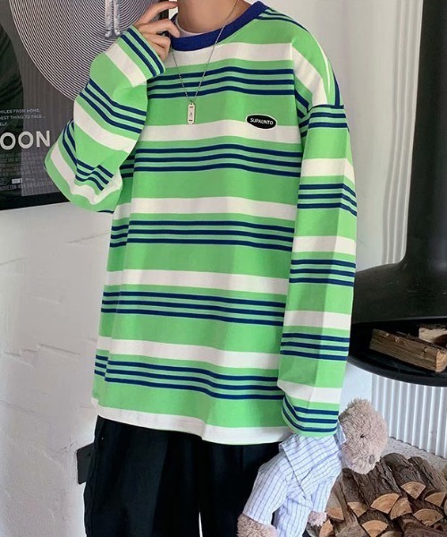 ルイヴィトン　タグ付き　ロゴ付き　ボーダー　ロングTシャツ　トレーナー　デザイン DEVICE（デバイス）の「カラフルボーダー ワンポイント ロゴ