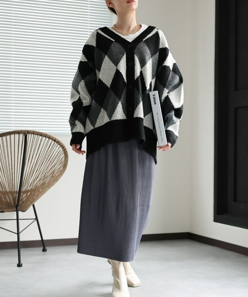 セール】ダイヤ柄ジャカードニットカーディガン/羽織り（カーディガン