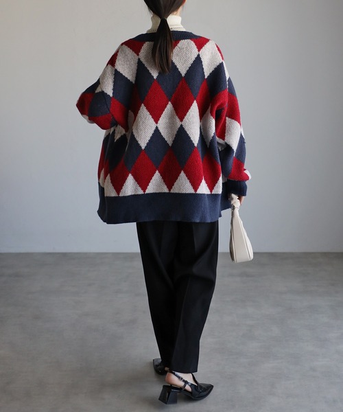 R13 グレー ネイビー ダイヤモンド柄 カーディガン セール】ダイヤ柄ジャカードニットカーディガン/羽織り（カーディガン