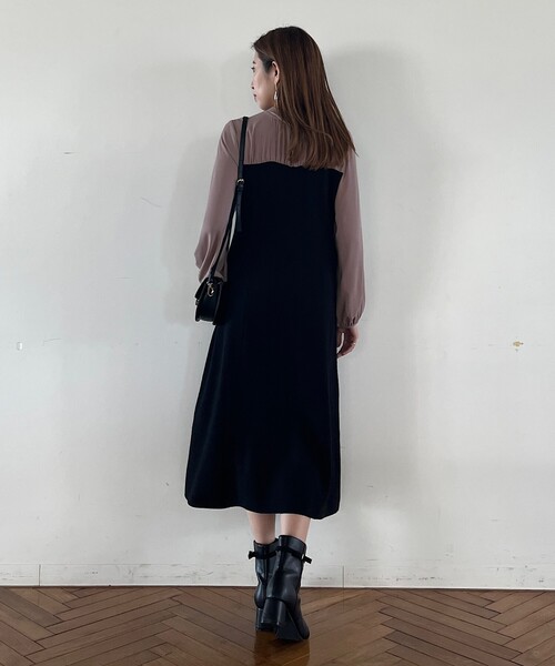 couture brooch（クチュールブローチ）の「◆【オフィスコーデにも】ボウタイドッキングニットワンピース（ワンピース・レディース・ブラック/ブラウン系その他・38/40/42/36）」の5枚目の写真