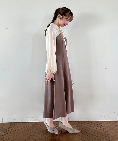 couture brooch（クチュールブローチ）の「◆【オフィスコーデにも】ボウタイドッキングニットワンピース（ワンピース・レディース・ブラック/ブラウン系その他・38/40/42/36）」の13枚目の写真