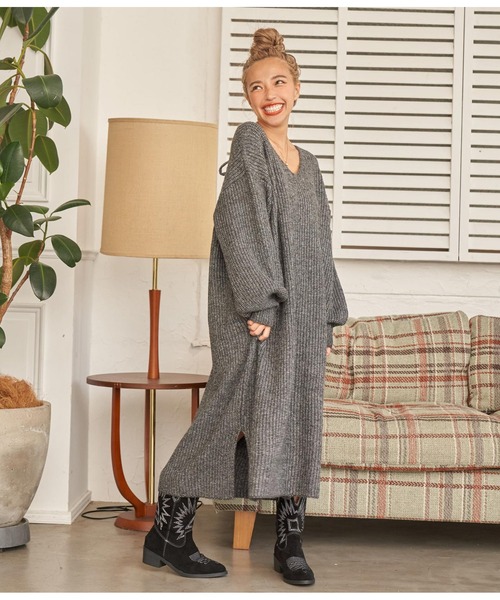 anap mimpi（アナップミンピ）の「ウール混バックリボンサイドスリットMIXニットワンピース（ワンピース・レディース・ダークグレー/モカ/ベージュ系その他・FREE）」の6枚目の写真