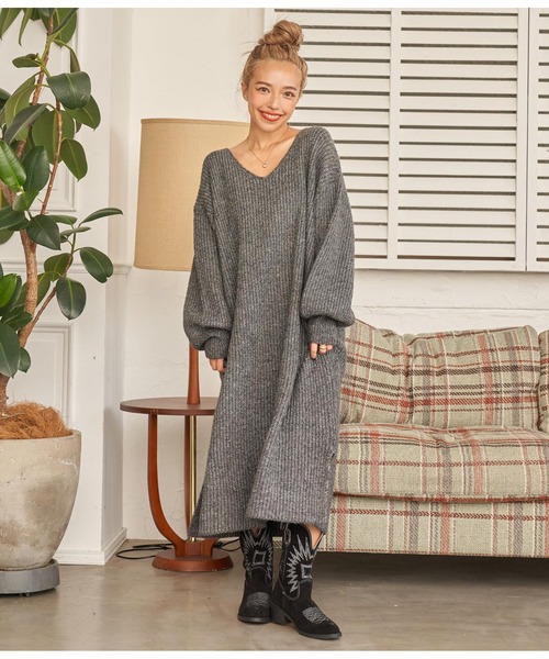 anap mimpi（アナップミンピ）の「ウール混バックリボンサイドスリットMIXニットワンピース（ワンピース・レディース・ダークグレー/モカ/ベージュ系その他・FREE）」の7枚目の写真