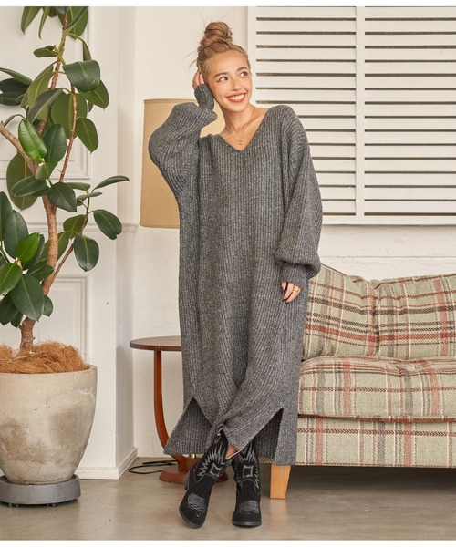 anap mimpi（アナップミンピ）の「ウール混バックリボンサイドスリットMIXニットワンピース（ワンピース・レディース・ダークグレー/モカ/ベージュ系その他・FREE）」の8枚目の写真