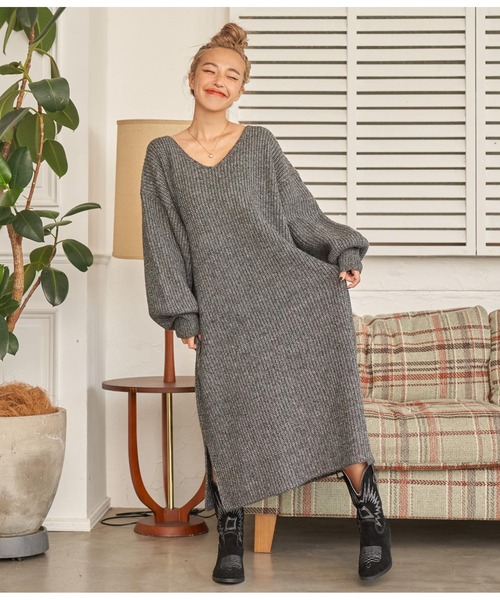 anap mimpi（アナップミンピ）の「ウール混バックリボンサイドスリットMIXニットワンピース（ワンピース・レディース・ダークグレー/モカ/ベージュ系その他・FREE）」の4枚目の写真