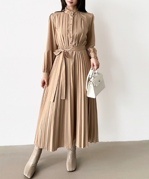 セール】【8色×2サイズ展開】きれいめ プリーツ シャツワンピース 長袖