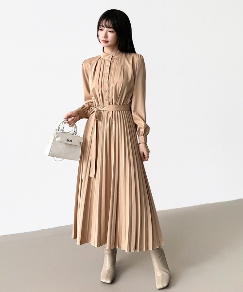 セール】【8色×2サイズ展開】きれいめ プリーツ シャツワンピース 長袖