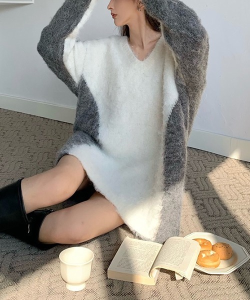 SEN TOKYO(セントーキョー)の「春先に一枚でも使える。Vネックバイカラーニットワンピース(ニット/セーター・レディース・ブラック/グレー・FREE)」の7枚目の写真