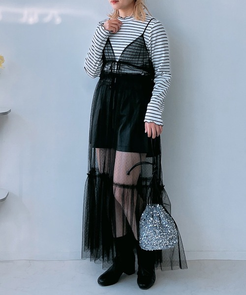 AS KNOW AS plus（アズノゥアズプラス）の「◎チュールリボンキャミワンピ―ス（ワンピース・レディース・ブラック系/チャコールグレー/アイボリー/ブラック/アイボリー系1・FREE）」の4枚目の写真