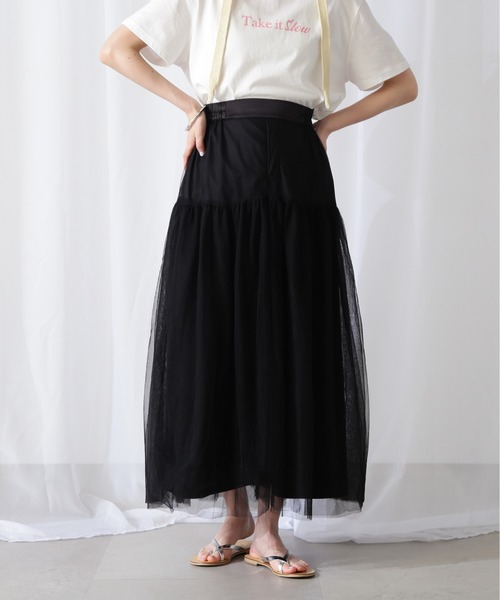 N.（N. Natural Beauty Basic）（エヌエヌナチュラルビューティーベーシック）の「◆切替チュールレイヤースカート（スカート・レディース・ブラック/クリーム・MEDIUM）」の5枚目の写真