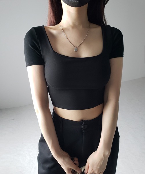 me+em select（ミームセレクト）の「※※【 カップ付き 】スクエアネックショートちびＴシャツ（Tシャツ/カットソー・レディース・ホワイト/グレー/ブラック・FREE）」の4枚目の写真