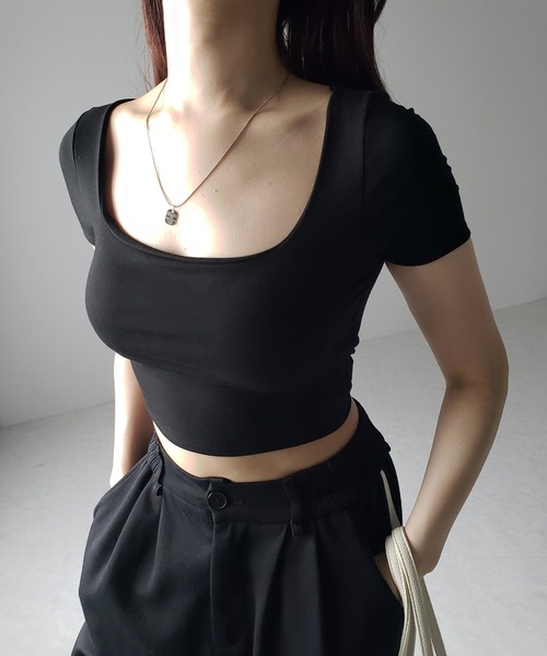 me+em select（ミームセレクト）の「※※【 カップ付き 】スクエアネックショートちびＴシャツ（Tシャツ/カットソー・レディース・ホワイト/グレー/ブラック・FREE）」の5枚目の写真
