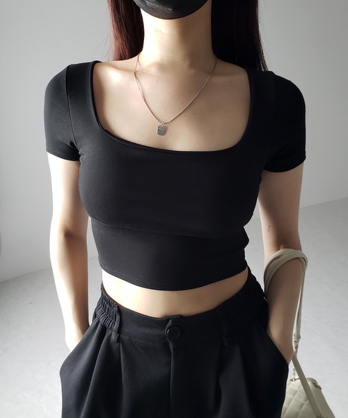 me+em select（ミームセレクト）の「※※【 カップ付き 】スクエアネックショートちびＴシャツ（Tシャツ/カットソー・レディース・ホワイト/グレー/ブラック・FREE）」の6枚目の写真
