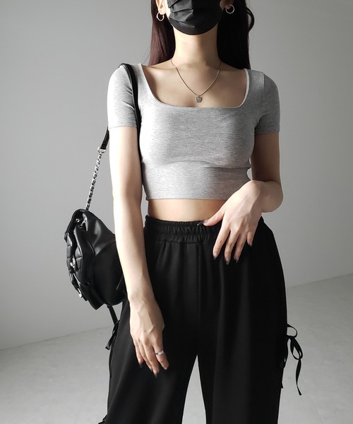 me+em select（ミームセレクト）の「※※【 カップ付き 】スクエアネックショートちびＴシャツ（Tシャツ/カットソー・レディース・ホワイト/グレー/ブラック・FREE）」の20枚目の写真