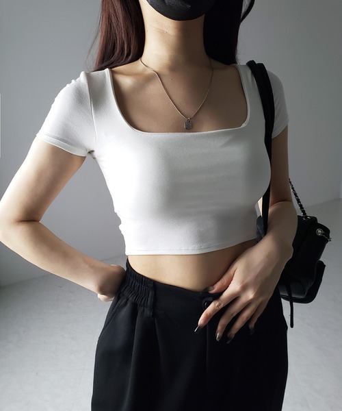 me+em select（ミームセレクト）の「※※【 カップ付き 】スクエアネックショートちびＴシャツ（Tシャツ/カットソー・レディース・ホワイト/グレー/ブラック・FREE）」の17枚目の写真