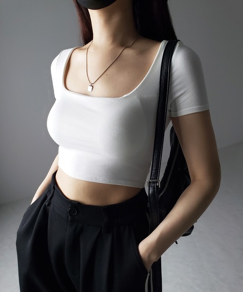 me+em select（ミームセレクト）の「※※【 カップ付き 】スクエアネックショートちびＴシャツ（Tシャツ/カットソー・レディース・ホワイト/グレー/ブラック・FREE）」の14枚目の写真