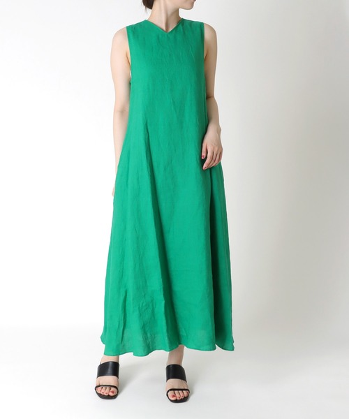 【美品】ルネ 21SS リネン フレアワンピース　グリーン　36 ウォッシャブル 美品】ルネ 21SS リネン フレアワンピース グリーン 36