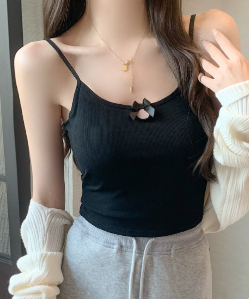 新品タグ付き fiolily スパークリングリボンキャミソールトップス ブラック Sparkling Ribbon Camisole Tops | Puff designs パフデザインズ