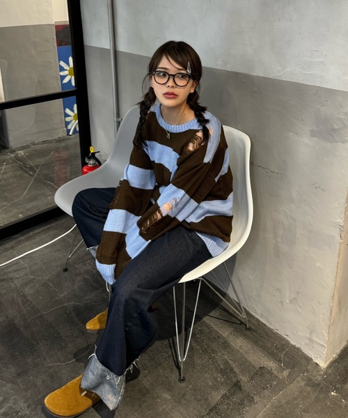 shesame（シーセム）の「sheer border Knit（ニット/セーター・レディース・ブラック/グレー/ネイビー/チャコール/ブラウン・MEDIUM/LARGE）」の5枚目の写真
