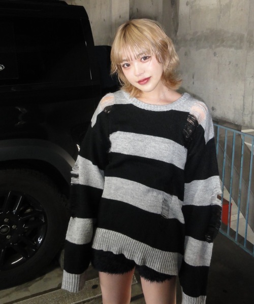 shesame（シーセム）の「sheer border Knit（ニット/セーター・レディース・ブラック/グレー/ネイビー/チャコール/ブラウン・MEDIUM/LARGE）」の3枚目の写真